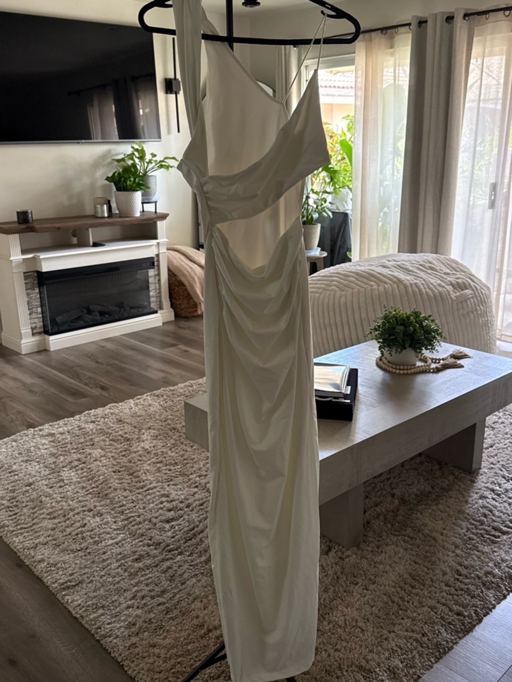 White Draped Satin Maxi Dress